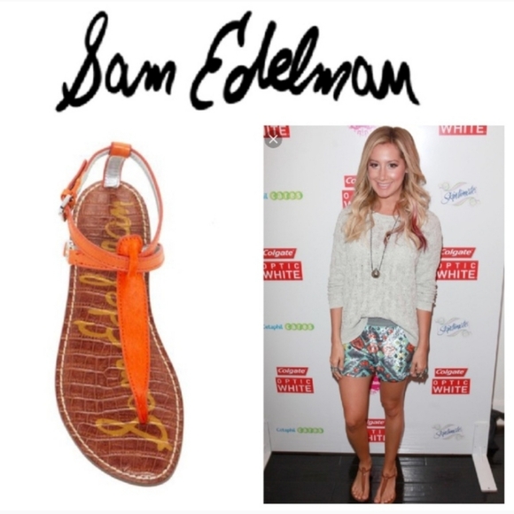 Sam Edelman "Galia" Orange Brahma Cow Hair T-Strap Sandal Thong | Women's Size 6 - Picture 2 of 9